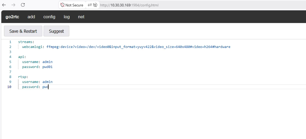 go2rtc config menu with API and RTSP authentication