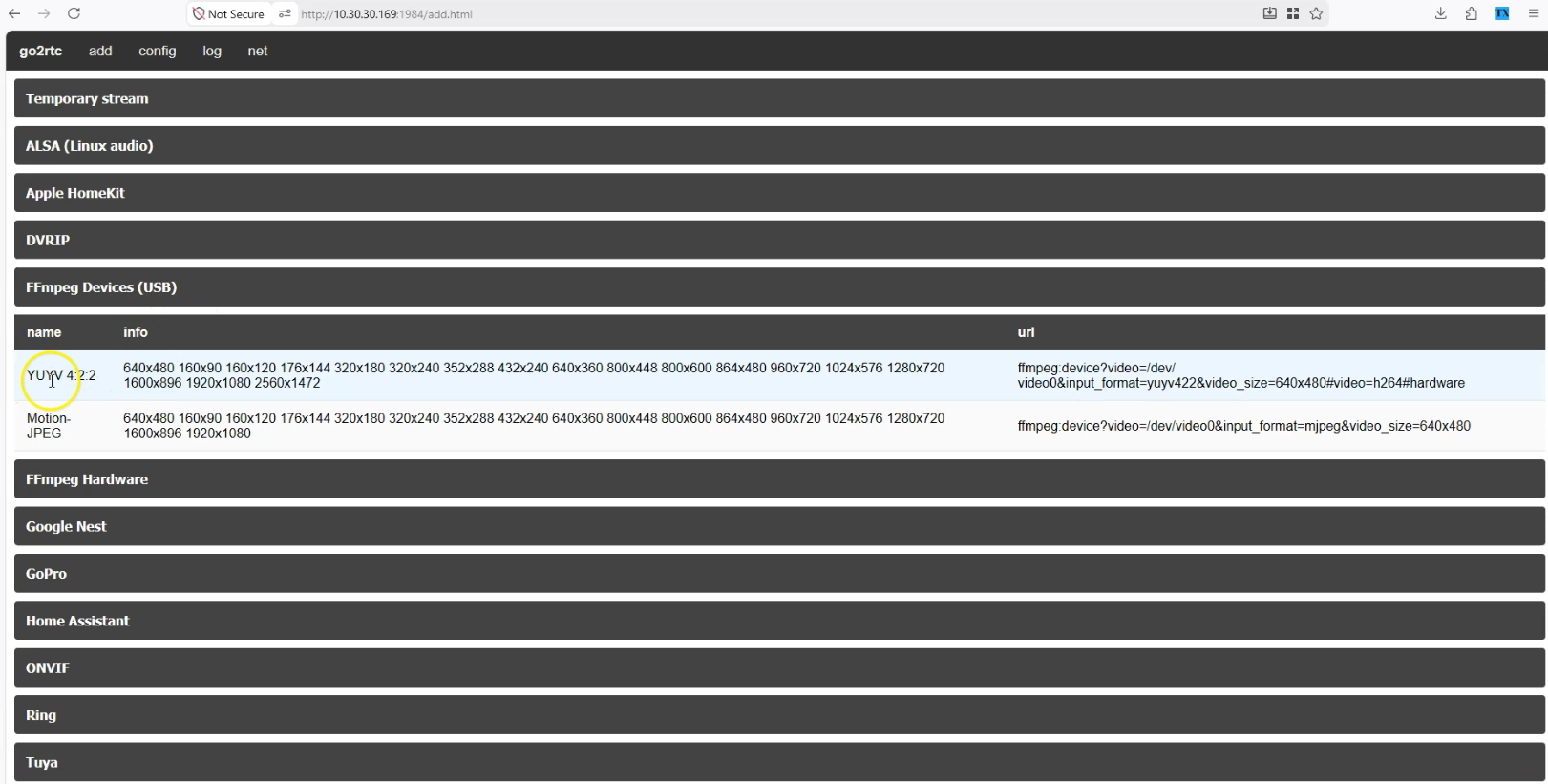 go2rtc FFmpeg Devices USB camera detection